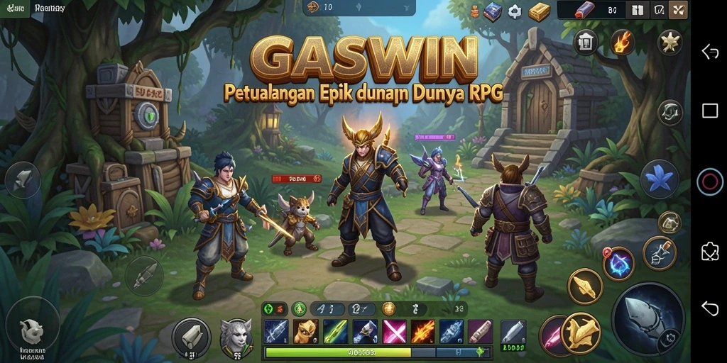 Screenshot GASWIN menampilkan karakter dalam pertempuran epik RPG.