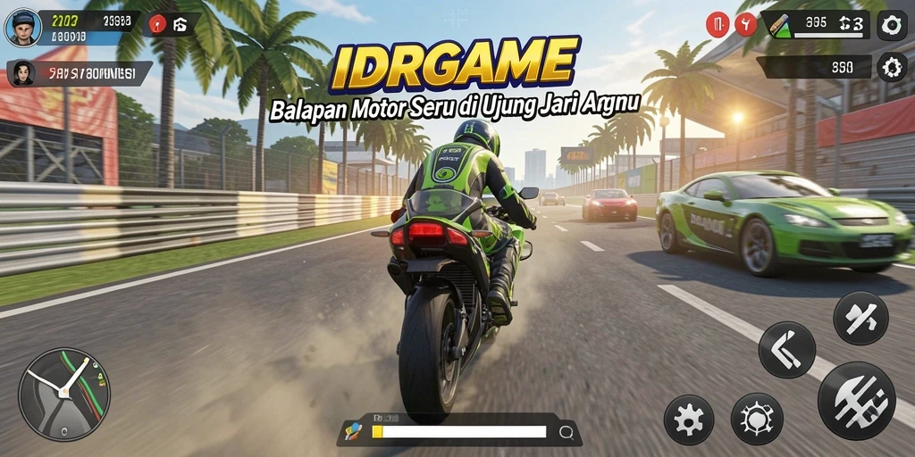 Tangkapan layar gameplay balapan motor yang mendebarkan.