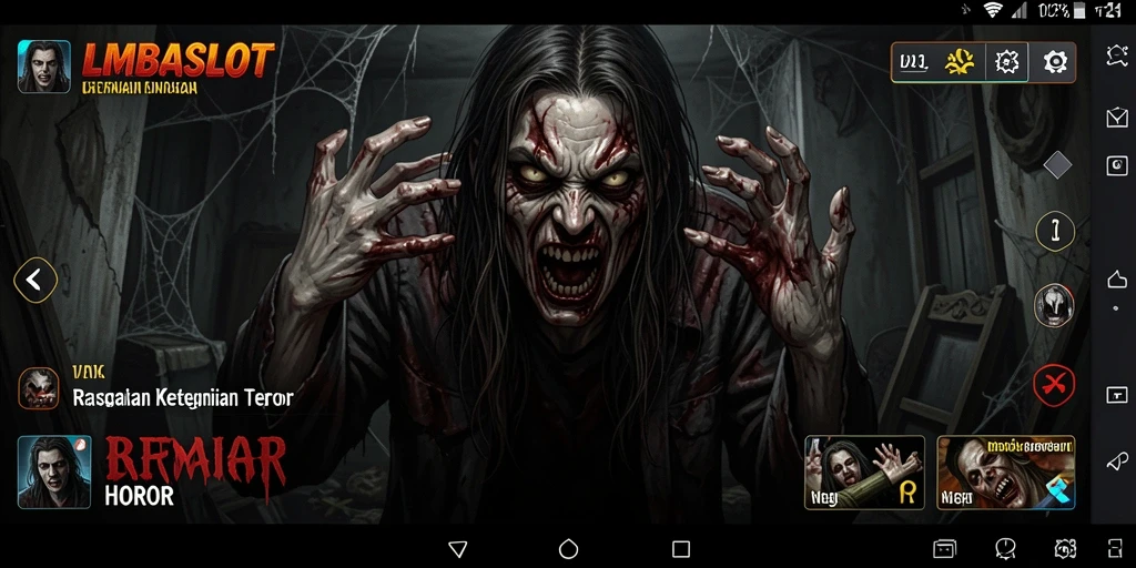 Screenshot menampilkan gameplay menegangkan LMBASLOT dengan suasana yang kelam.